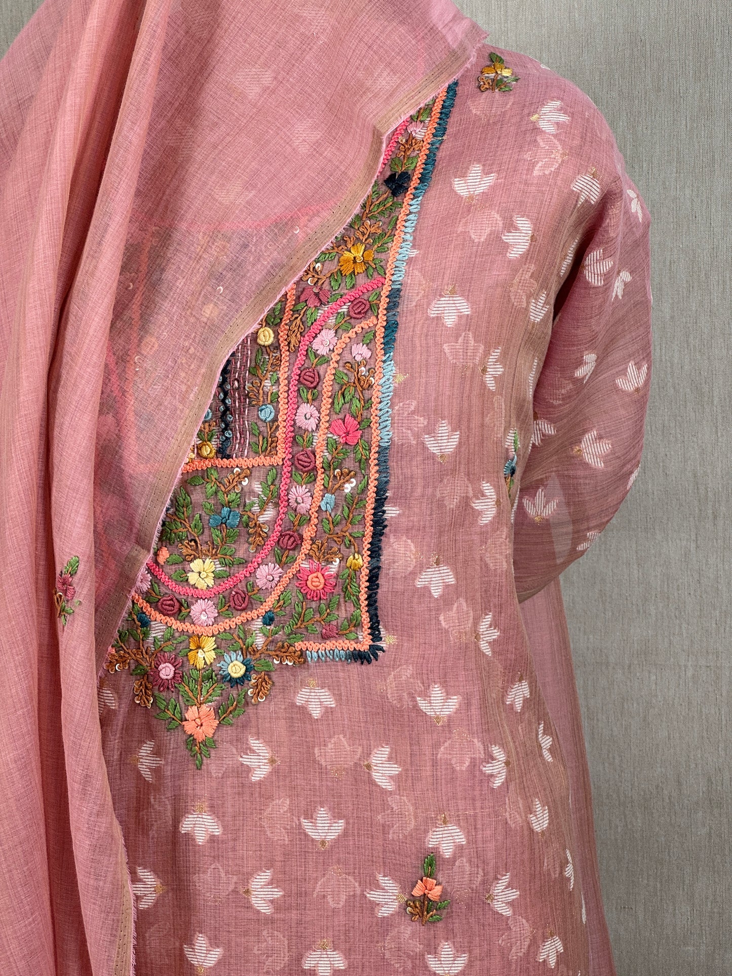 Chanderi Salwar Suit with Jamdani Weave & Hand Embroidery