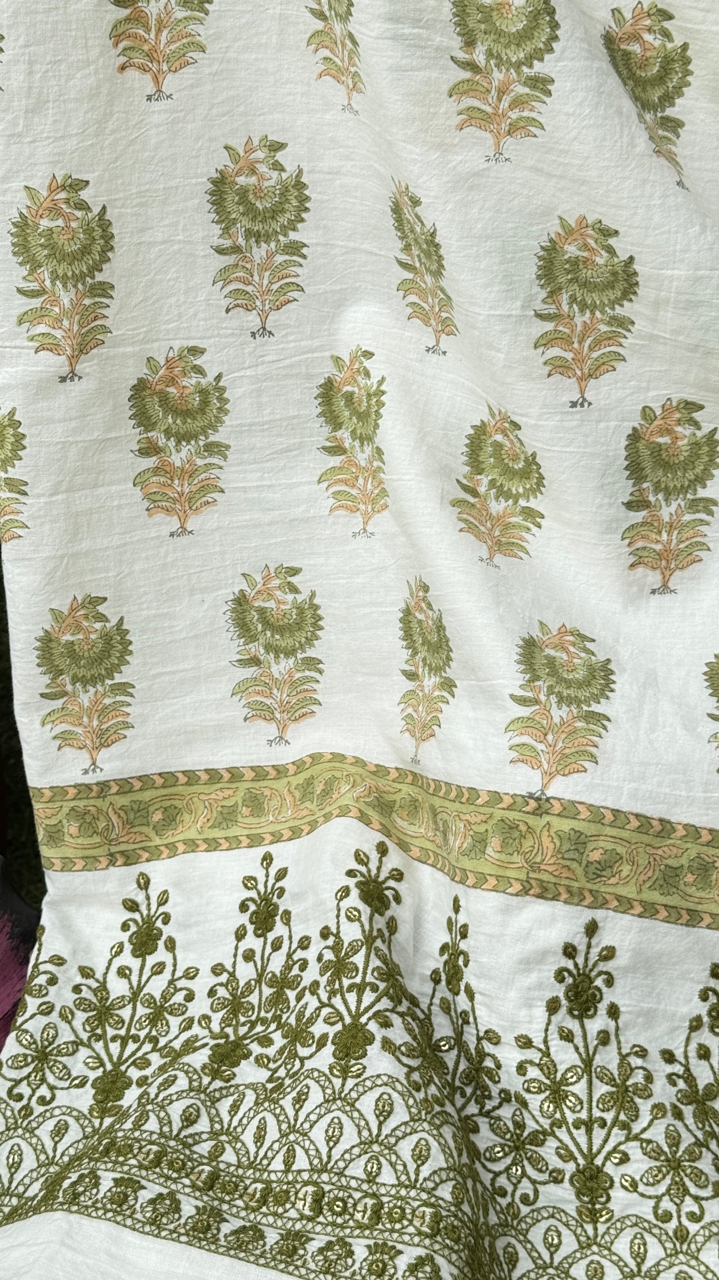 Block Printed Border Embroidered Cotton Fabric
