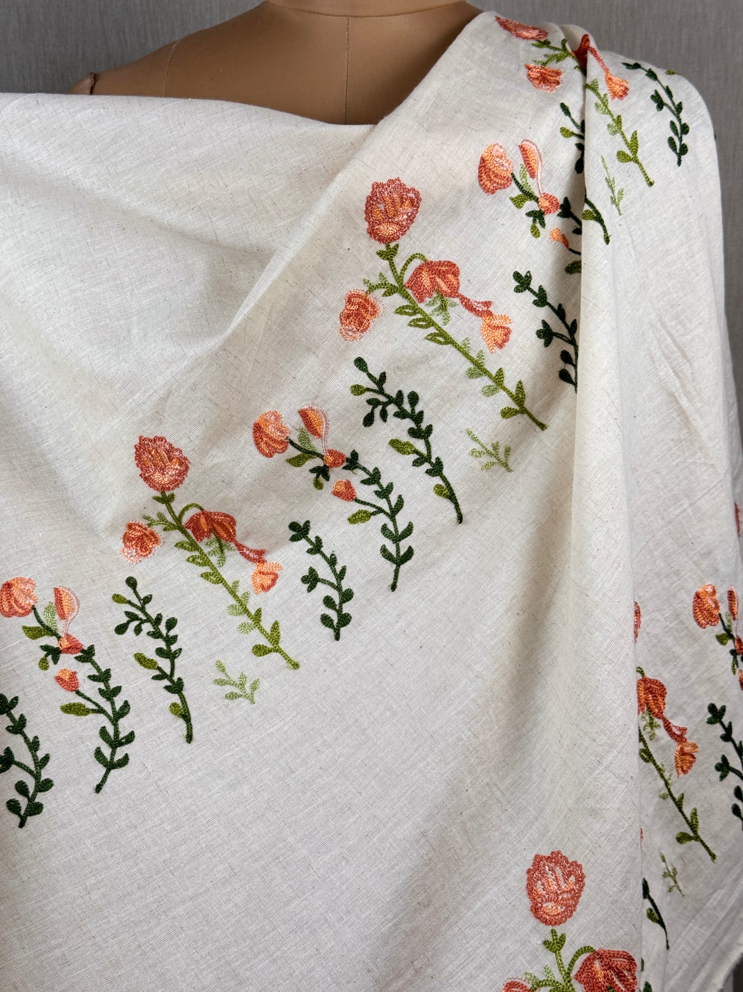 Border Embroidered Flax Cotton Fabric