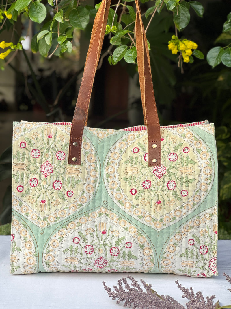 Block Printed Quilted Cotton Tote Bag