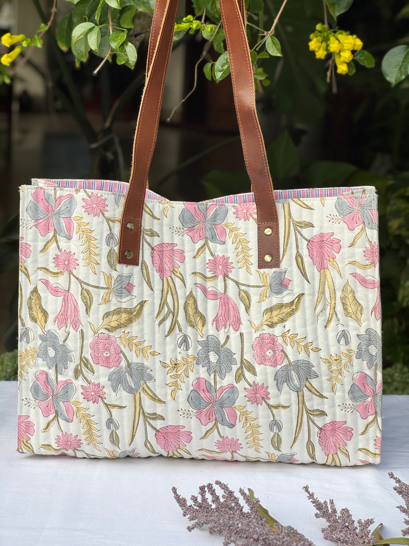 Block Printed Quilted Cotton Tote Bag