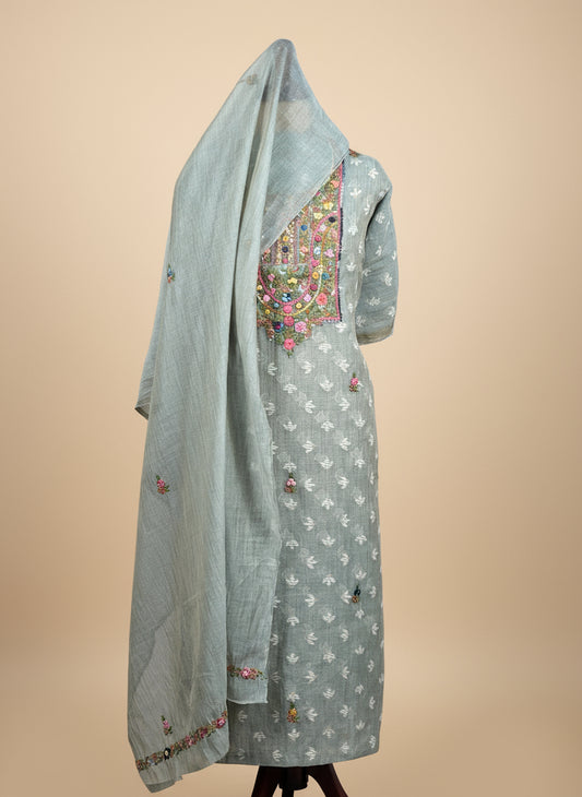 Chanderi Salwar Suit with Jamdani Weave & Hand Embroidery