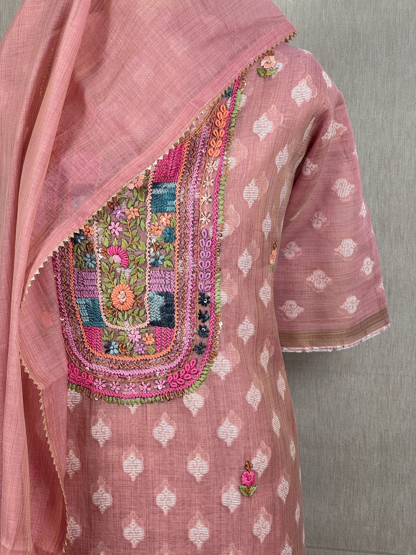 Chanderi Salwar Suit with Jamdani Weave & Hand Embroidery