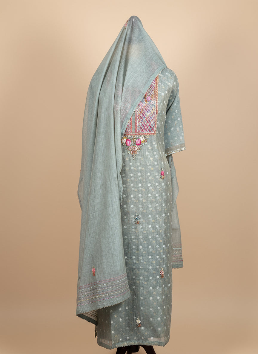 Chanderi Salwar Suit with Jamdani Weave & Hand Embroidery