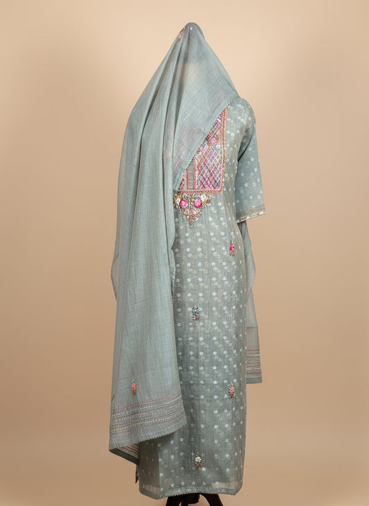 Chanderi Salwar Suit with Jamdani Weave & Hand Embroidery