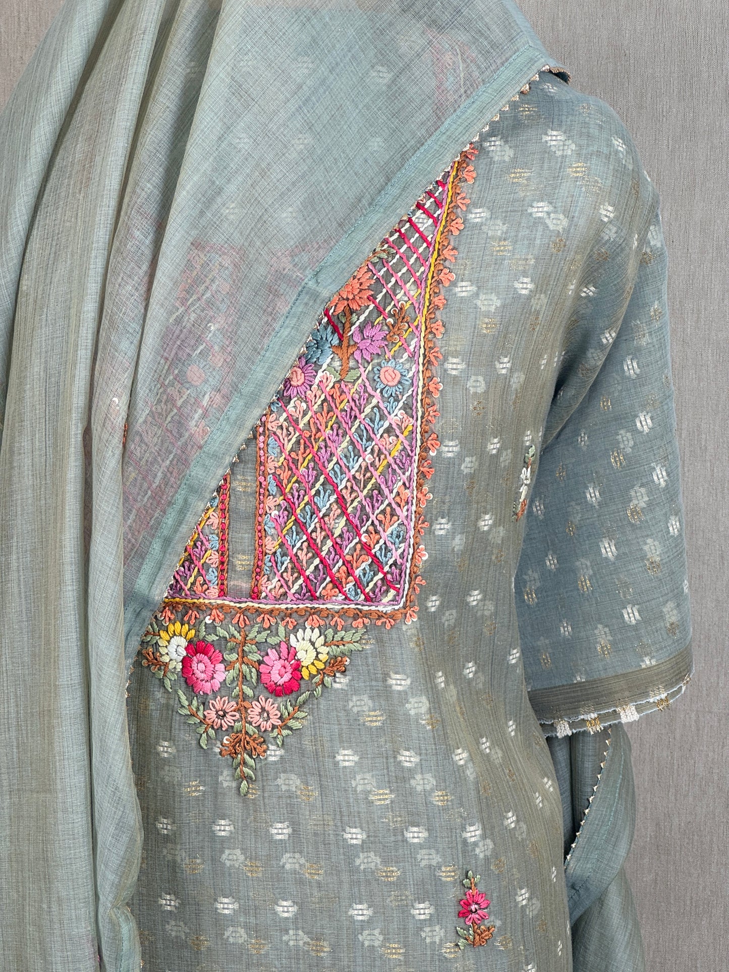 Chanderi Salwar Suit with Jamdani Weave & Hand Embroidery