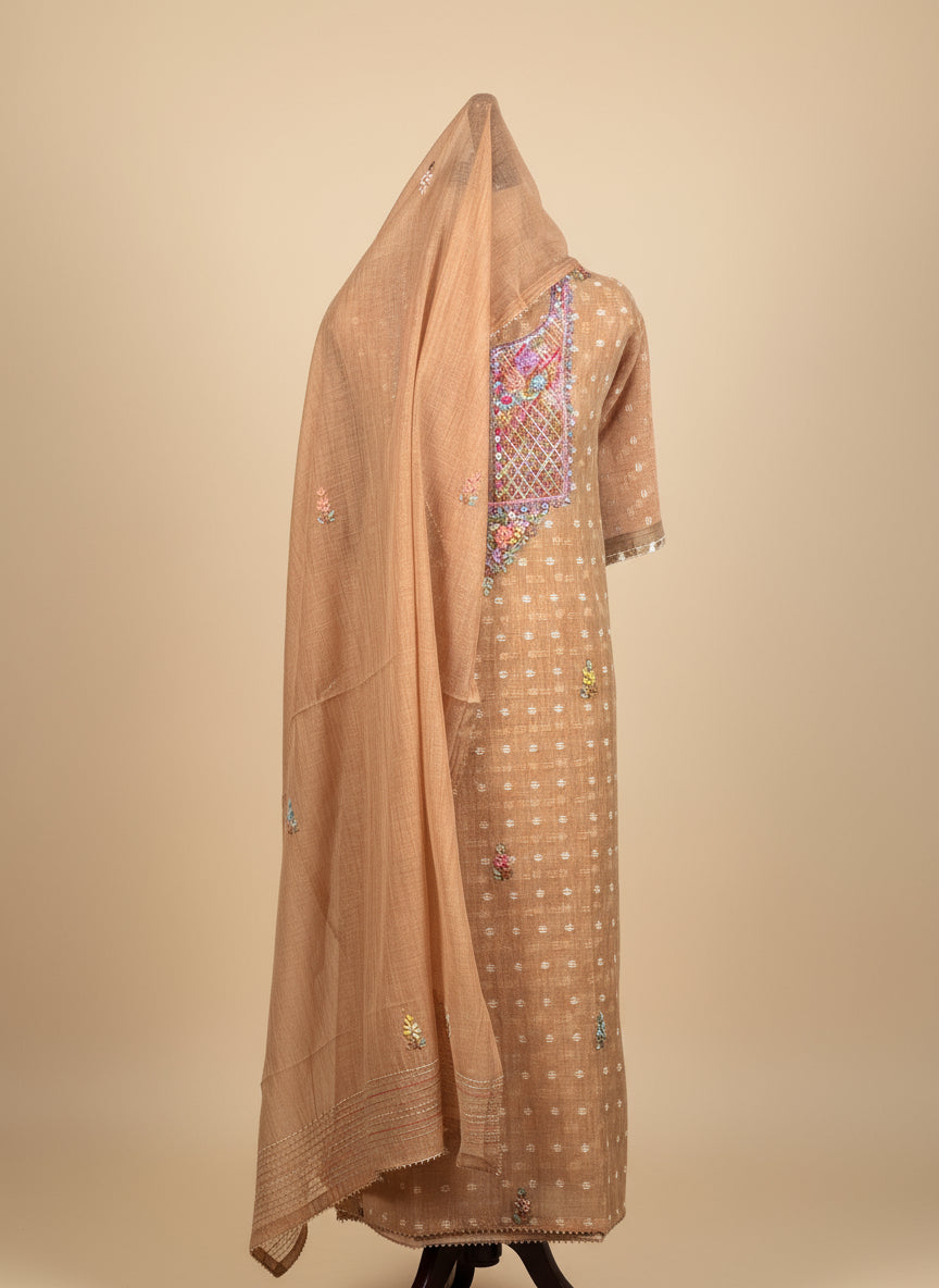 Chanderi Salwar Suit with Jamdani Weave & Hand Embroidery