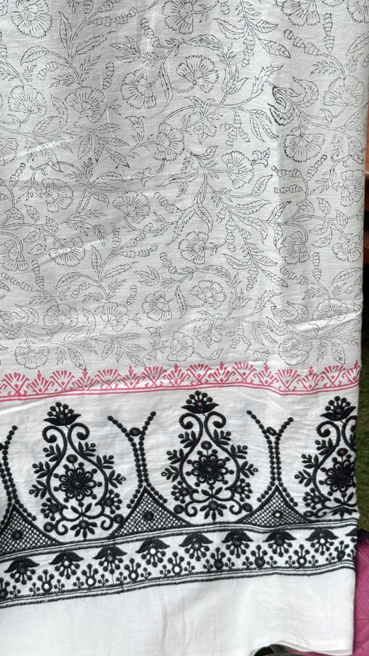 Block Printed Border Embroidered Cotton Fabric