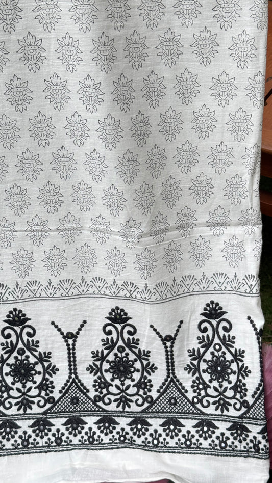 Block Printed Border Embroidered Cotton Fabric