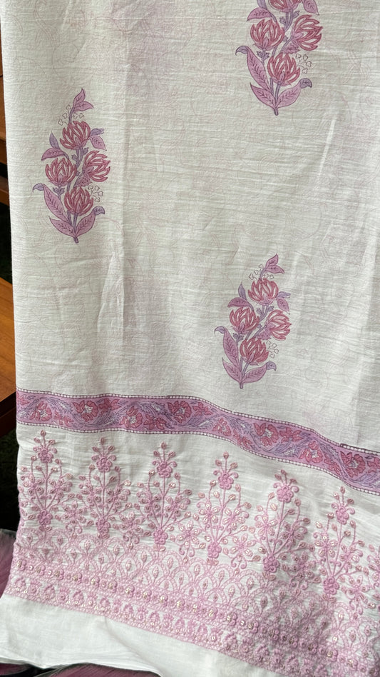 Block Printed Border Embroidered Cotton Fabric