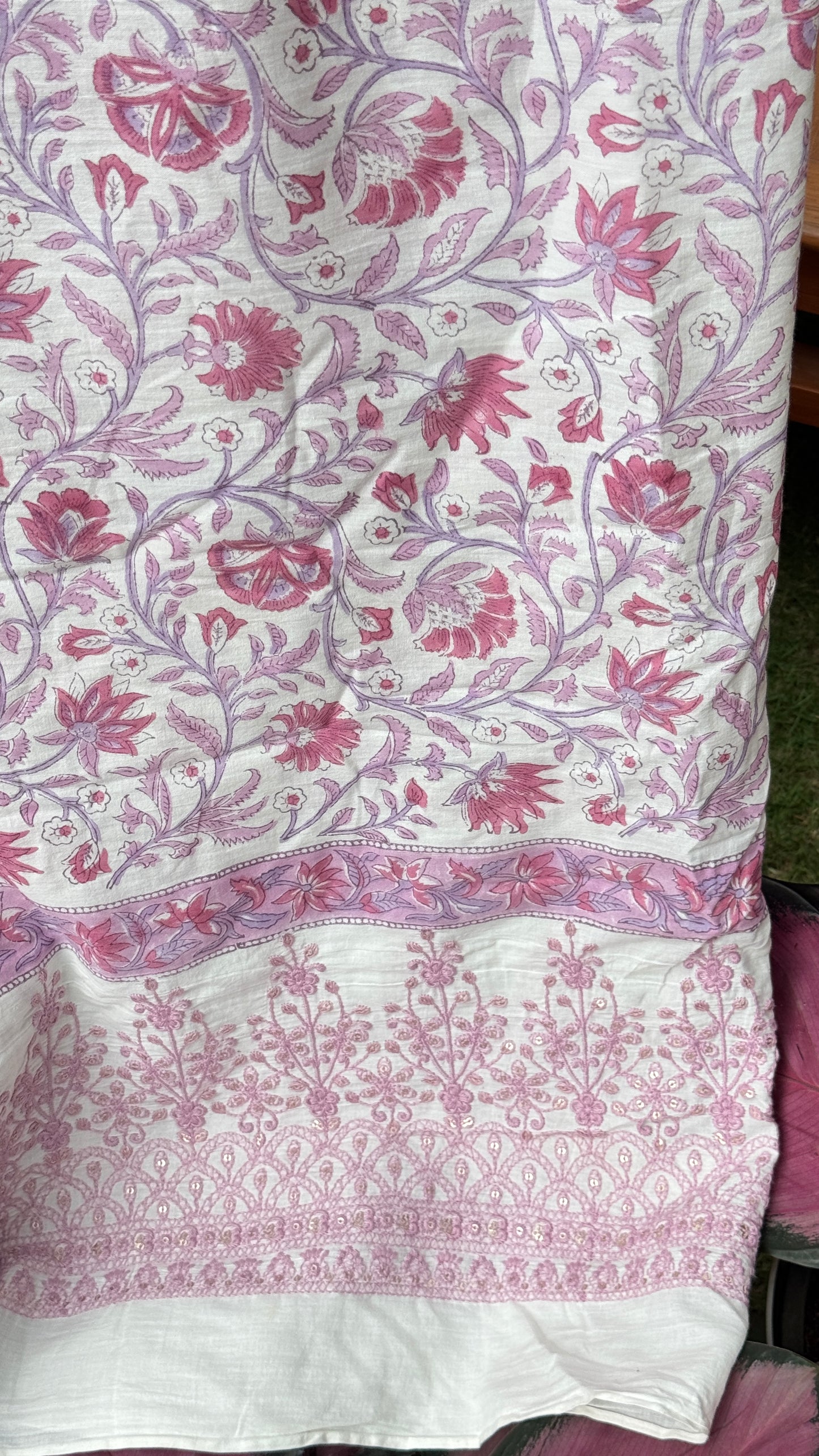 Block Printed Border Embroidered Cotton Fabric