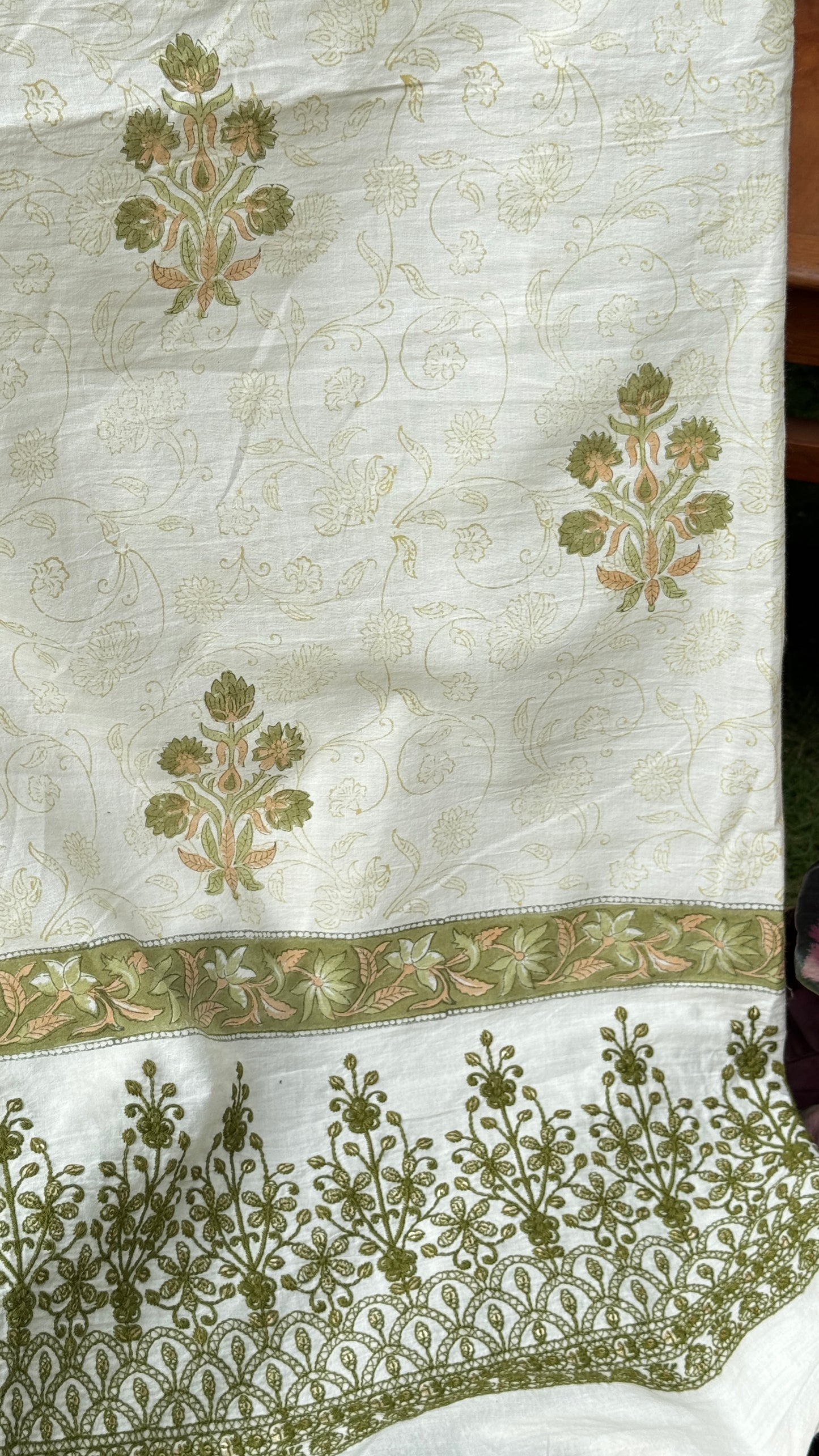 Block Printed Border Embroidered Cotton Fabric