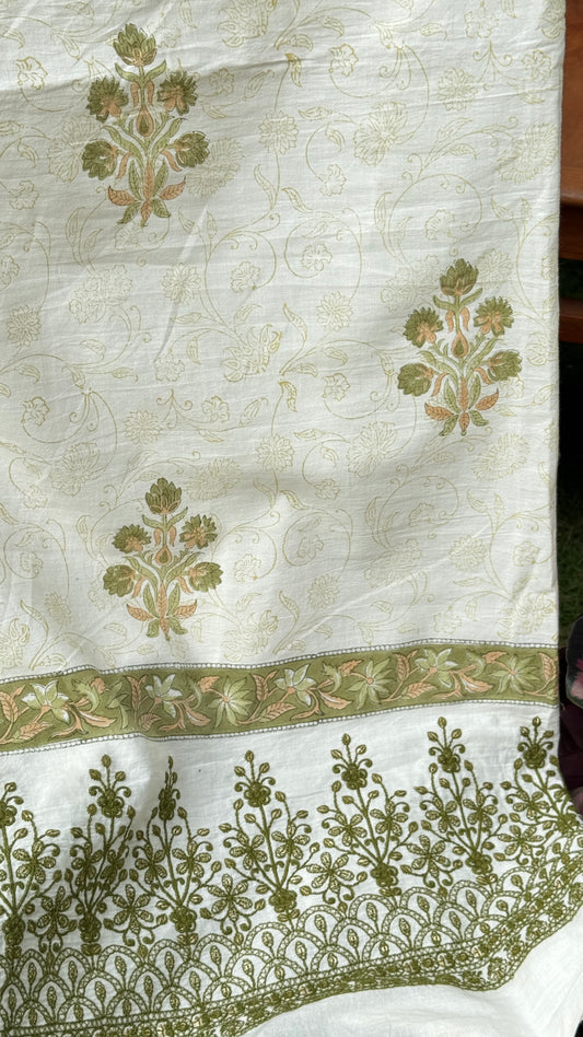 Block Printed Border Embroidered Cotton Fabric