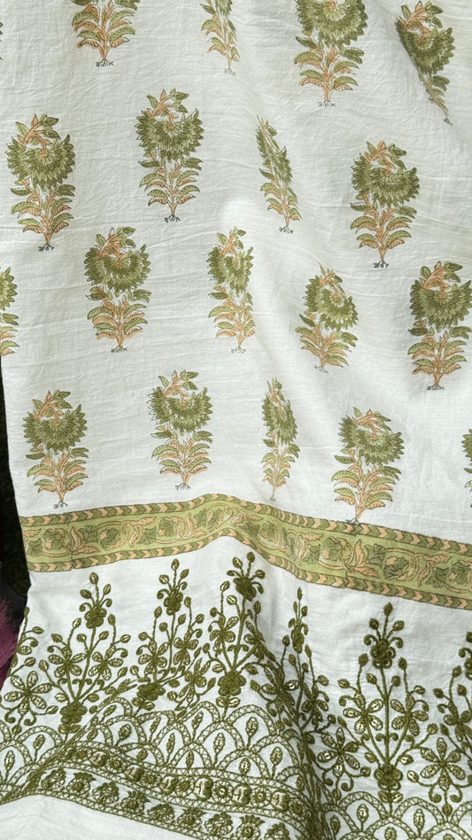 Block Printed Border Embroidered Cotton Fabric