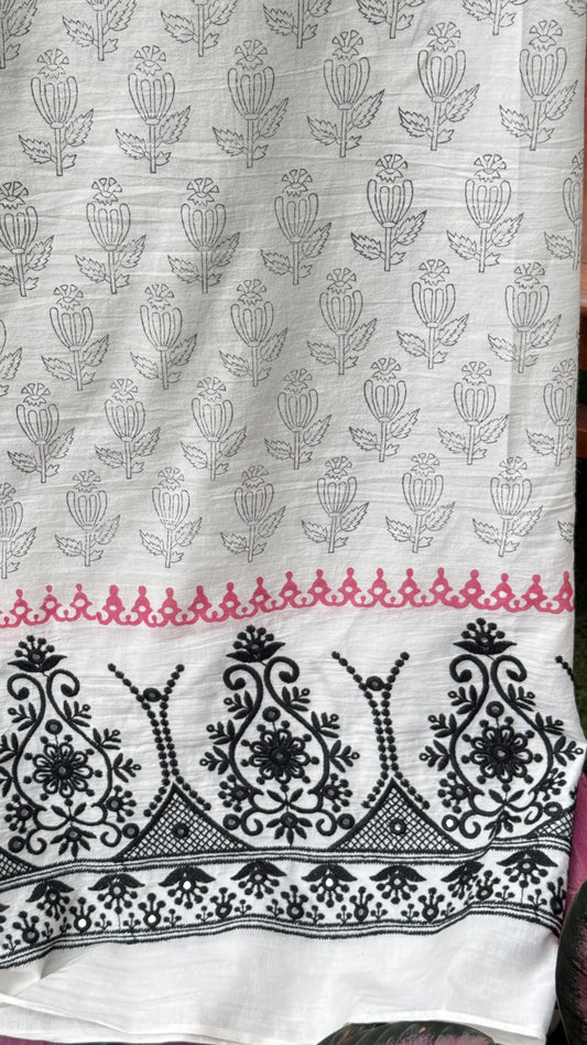 Block Printed Border Embroidered Cotton Fabric