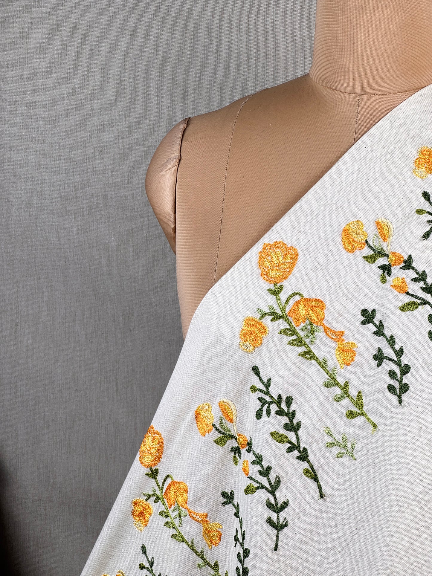 Border Embroidered Flax Cotton Fabric