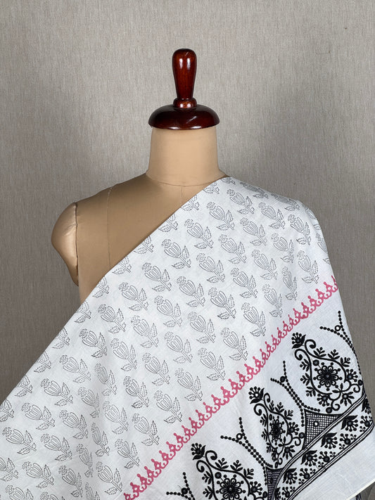 Block printed with Border Embroidered Cotton Fabric