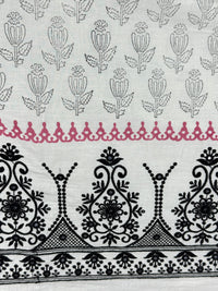 Block printed with Border Embroidered Cotton Fabric