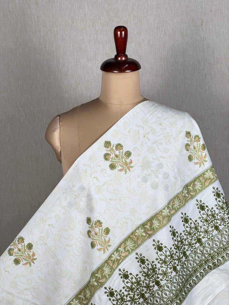 Block printed with Border Embroidered Cotton Fabric