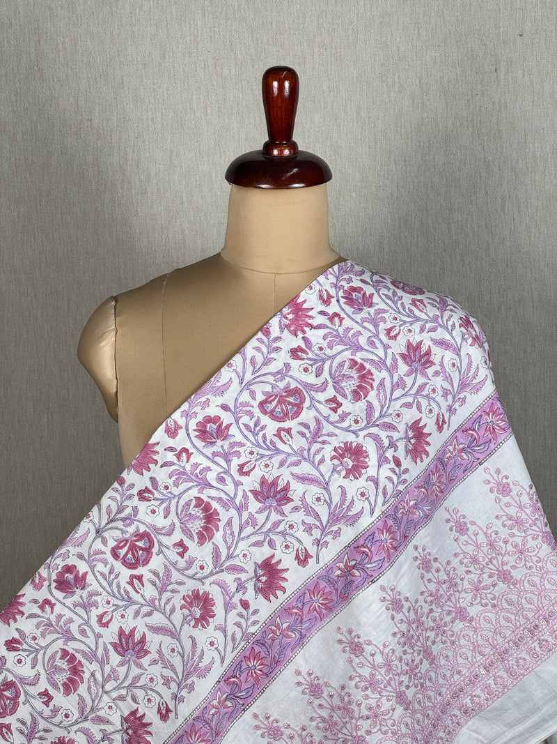 Block printed with Border Embroidered Cotton Fabric
