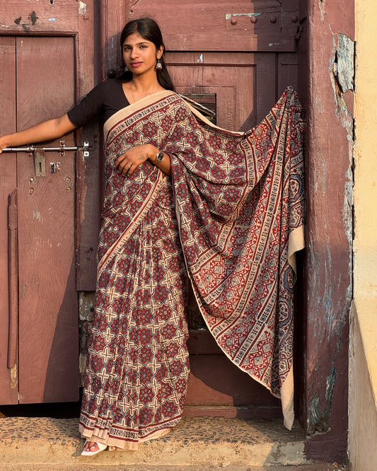 Ajrakh Printed Mul Cotton Saree