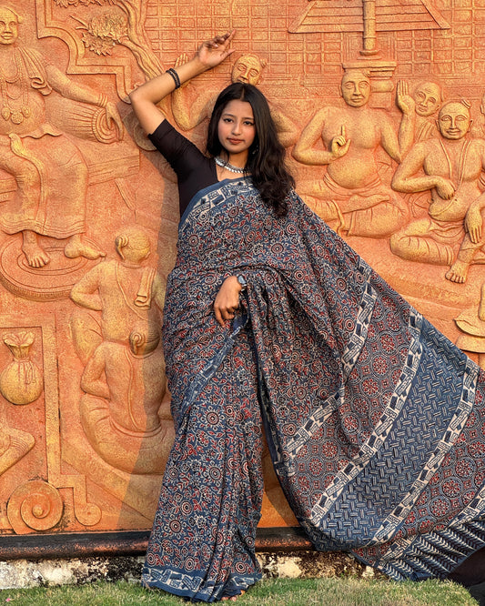 Ajrakh Printed Mul Cotton Saree