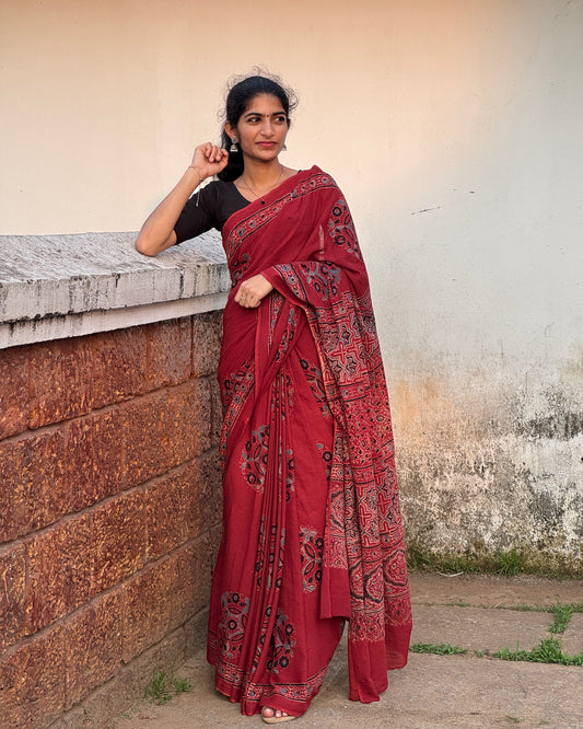 Ajrakh Printed Mul Cotton Saree