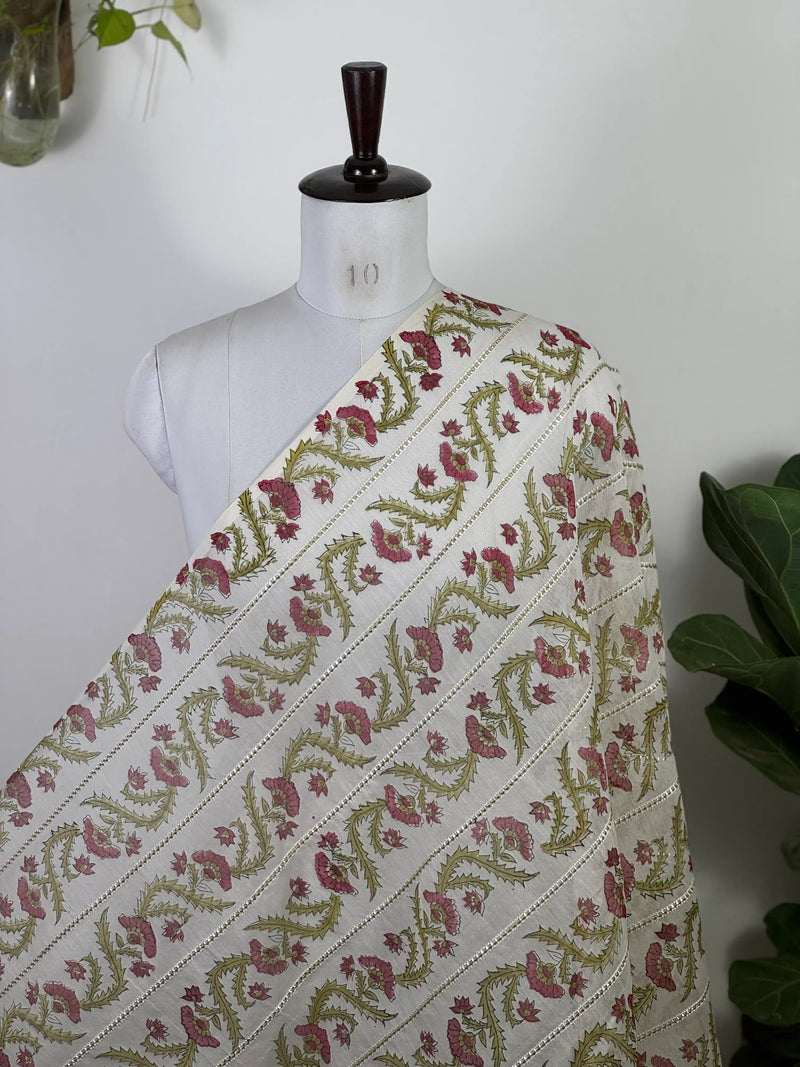 Block Printed Gota Stripe Banarasi Chanderi Fabric