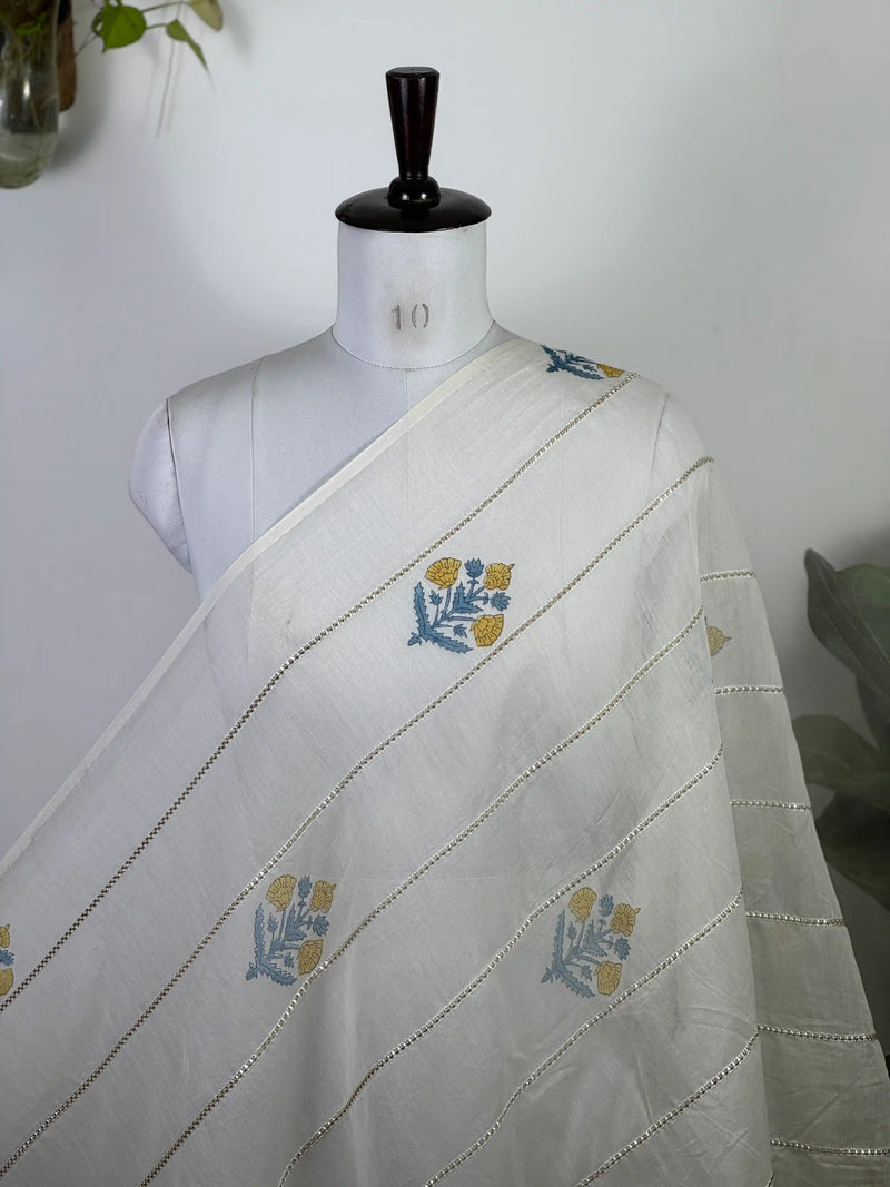 Block Printed Gota Stripe Banarasi Chanderi Fabric