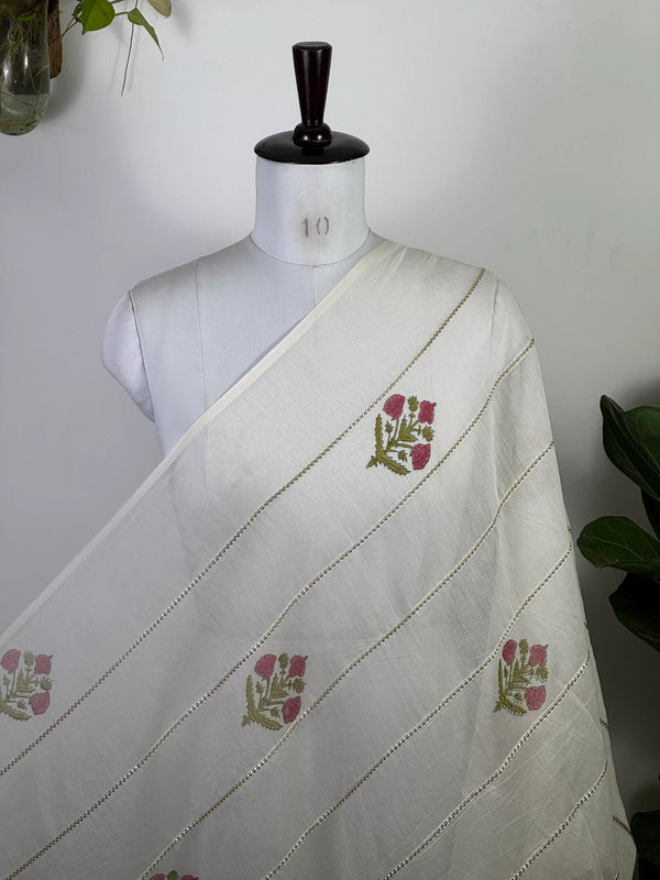 Block Printed Gota Stripe Banarasi Chanderi Fabric