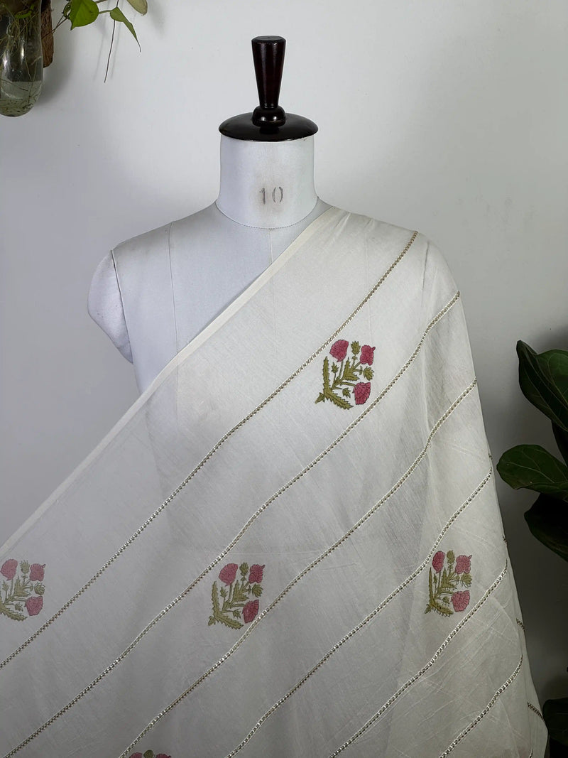Block Printed Gota Stripe Banarasi Chanderi Fabric