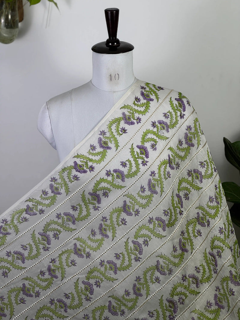 Block Printed Gota Stripe Banarasi Chanderi Fabric