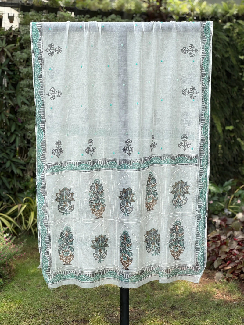 Block Printed Embroidered 40gm Banarasi Chanderi Dupatta