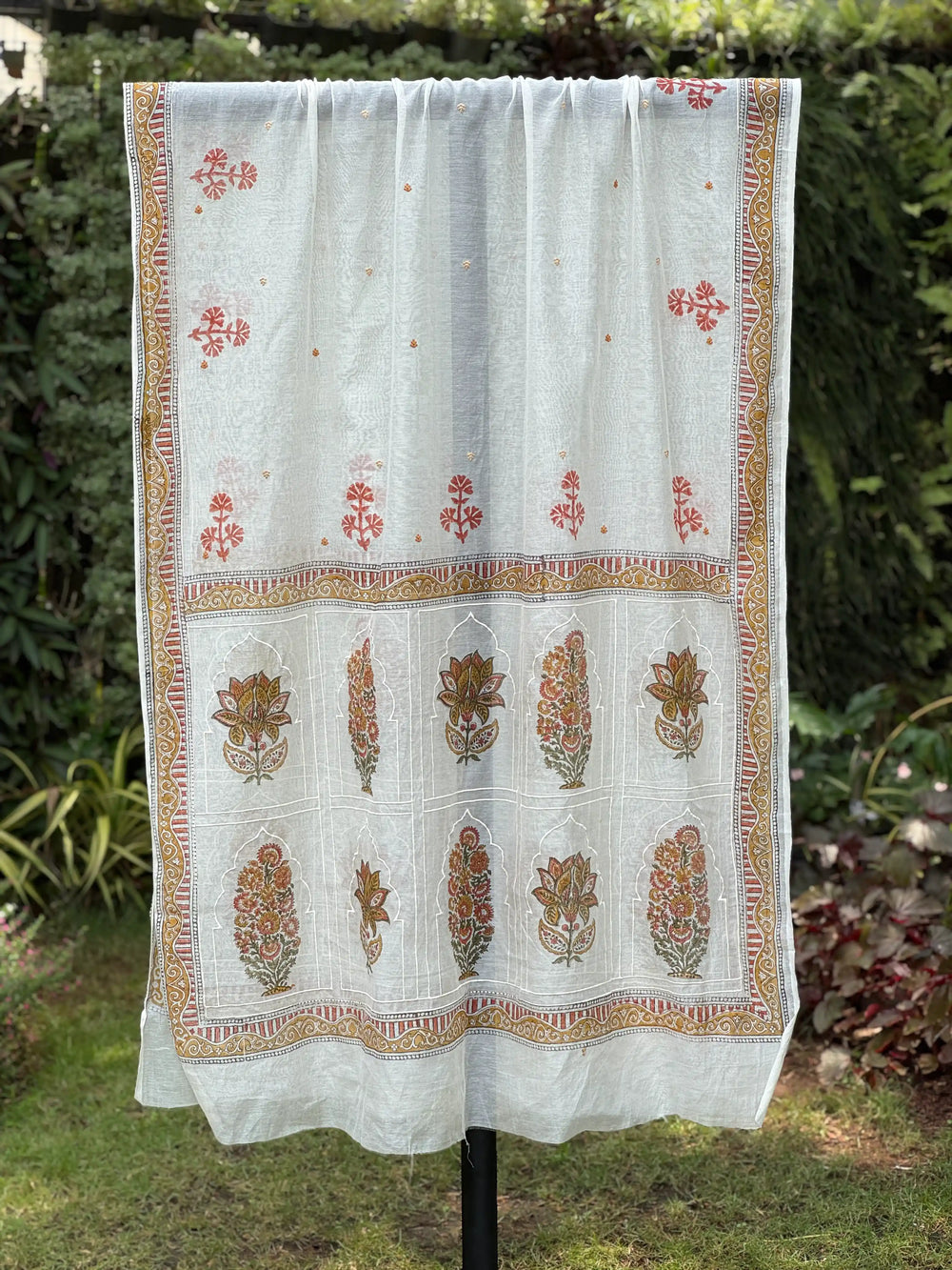 Block Printed Embroidered 40gm Banarasi Chanderi Dupatta