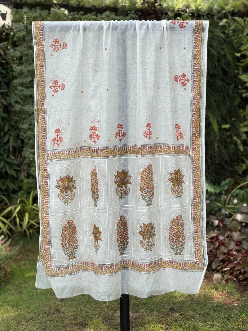 Block Printed Embroidered 40gm Banarasi Chanderi Dupatta