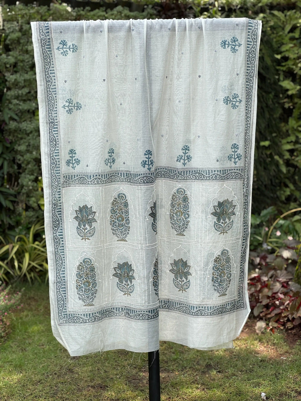 Block Printed Embroidered 40gm Banarasi Chanderi Dupatta