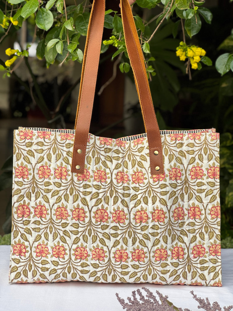 Block Printed Quilted Cotton Tote Bag